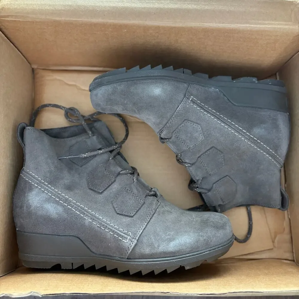 Sorel Evie Major Wedge Boots 9.5 Gray Suede NWT Combat Lace Ankle Booties